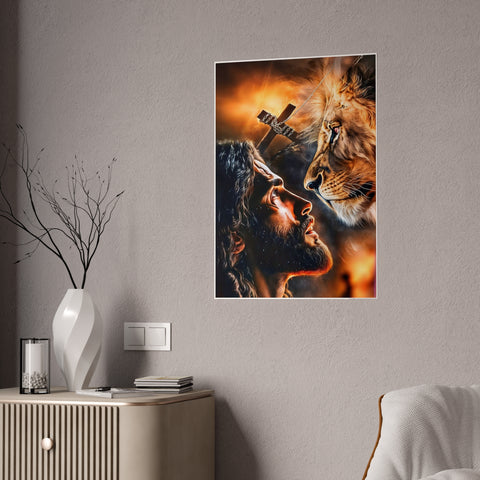 Inspirational Gloss Poster - Jesus and Lion Art for Faith and Home Decor