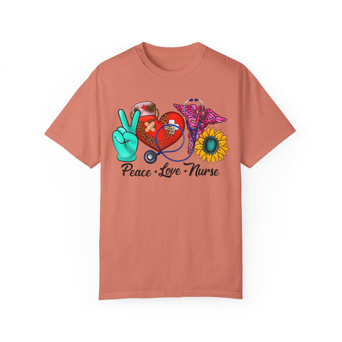 Peace Love Nurse T-Shirt | Unisex Garment-Dyed Tee for Healthcare Heroes