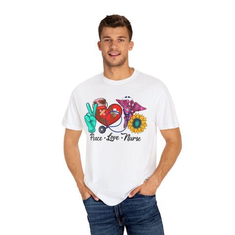Peace Love Nurse T-Shirt | Unisex Garment-Dyed Tee for Healthcare Heroes