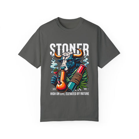 Stoner Bull T-Shirt - High on Life Design - Unisex Garment-Dyed Tee for Cannabis Enthusiasts