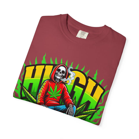 High Vibes Unisex Garment-Dyed T-Shirt - Retro Skeleton & Cannabis Graphic Tee