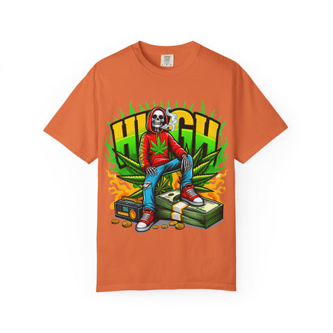 High Vibes Unisex Garment-Dyed T-Shirt - Retro Skeleton & Cannabis Graphic Tee