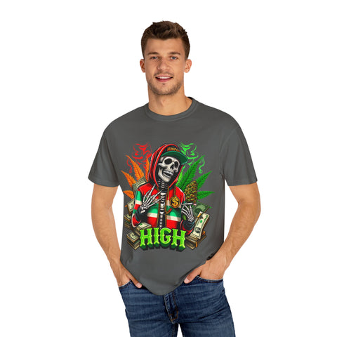High Vibes Unisex Garment-Dyed T-Shirt - Skeleton & Cannabis Design