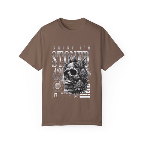 Unisex Skull and Leaves Graphic T-shirt - 'Sorry I'm Stoned 420'