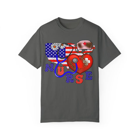 Patriotic Nurse T-shirt - Unisex Garment-Dyed Tee for Healthcare Heroes