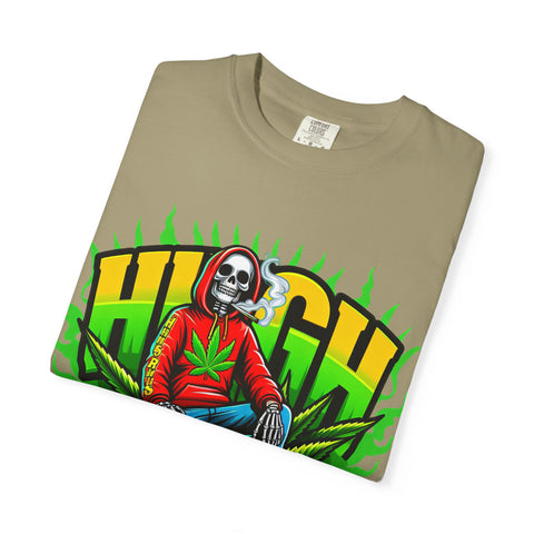 High Vibes Unisex Garment-Dyed T-Shirt - Retro Skeleton & Cannabis Graphic Tee