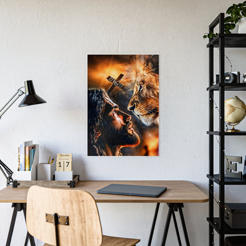 Inspirational Gloss Poster - Jesus and Lion Art for Faith and Home Decor