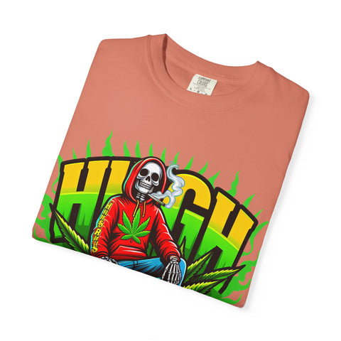 High Vibes Unisex Garment-Dyed T-Shirt - Retro Skeleton & Cannabis Graphic Tee