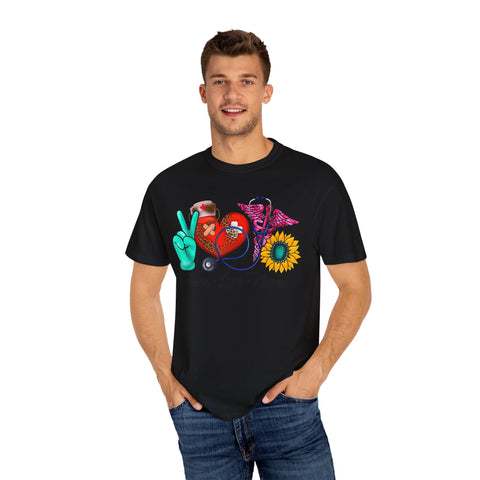 Peace Love Nurse T-Shirt | Unisex Garment-Dyed Tee for Healthcare Heroes