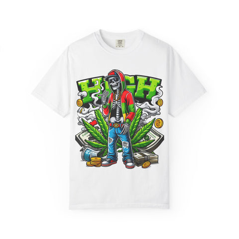 High Vibe Unisex Garment-Dyed T-Shirt - Skull & Cannabis Design