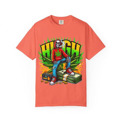 High Vibes Unisex Garment-Dyed T-Shirt - Retro Skeleton & Cannabis Graphic Tee