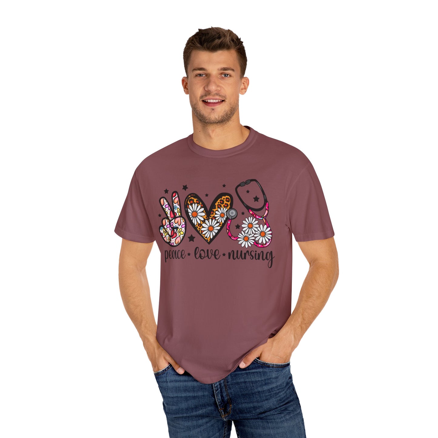 Peace Love Nursing T-Shirt - Unisex Garment-Dyed Tee for Nurses