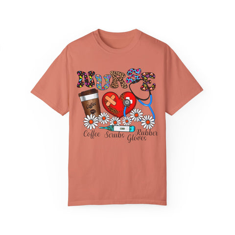 Nurse Love Graphic T-Shirt - Coffee Scrubs & Rubber Gloves