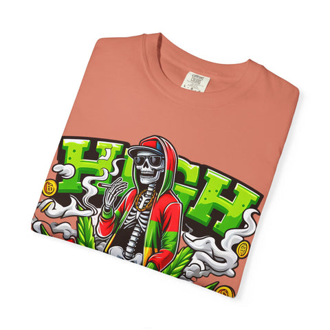 High Vibe Unisex Garment-Dyed T-Shirt - Skull & Cannabis Design