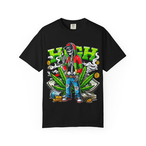 High Vibe Unisex Garment-Dyed T-Shirt - Skull & Cannabis Design