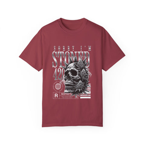 Unisex Skull and Leaves Graphic T-shirt - 'Sorry I'm Stoned 420'