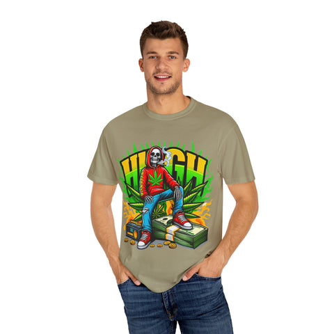 High Vibes Unisex Garment-Dyed T-Shirt - Retro Skeleton & Cannabis Graphic Tee