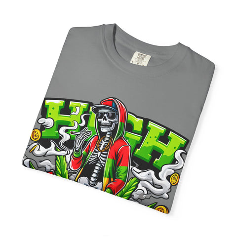 High Vibe Unisex Garment-Dyed T-Shirt - Skull & Cannabis Design