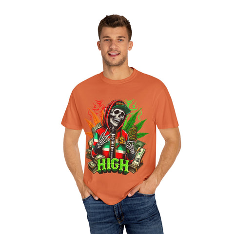 High Vibes Unisex Garment-Dyed T-Shirt - Skeleton & Cannabis Design