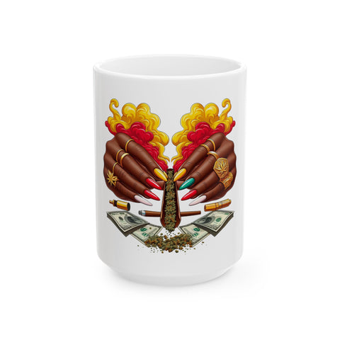 Vibrant Hands & Money Ceramic Mug – Unique 11oz & 15oz Coffee Cup