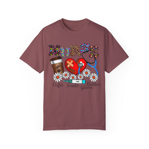 Nurse Love Graphic T-Shirt - Coffee Scrubs & Rubber Gloves
