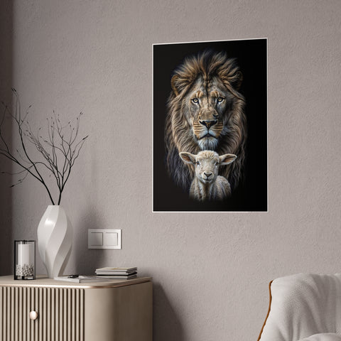 Wildlife Art Print: Lion & Lamb Gloss Poster - Nature Decor for Home