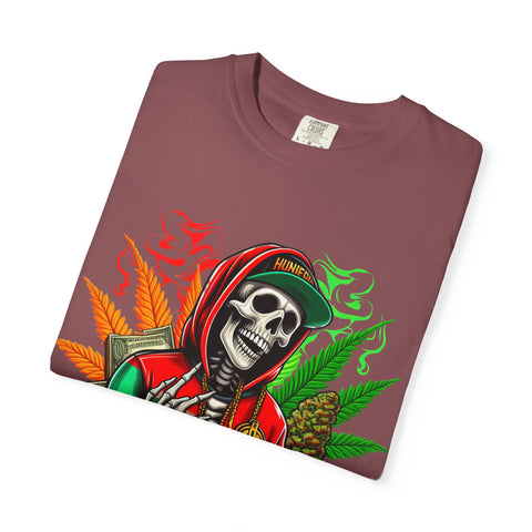 High Vibes Unisex Garment-Dyed T-Shirt - Skeleton & Cannabis Design