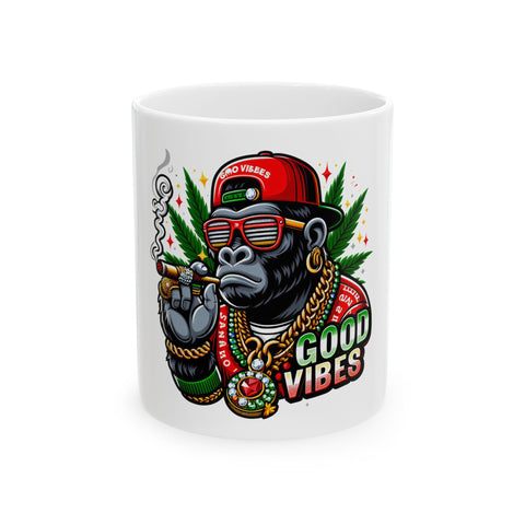Good Vibes Gorilla Ceramic Mug - 11oz & 15oz, Perfect for Coffee Lovers and Cannabis Enthusiasts