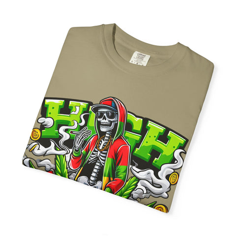 High Vibe Unisex Garment-Dyed T-Shirt - Skull & Cannabis Design