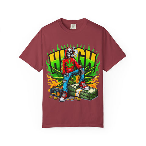 High Vibes Unisex Garment-Dyed T-Shirt - Retro Skeleton & Cannabis Graphic Tee