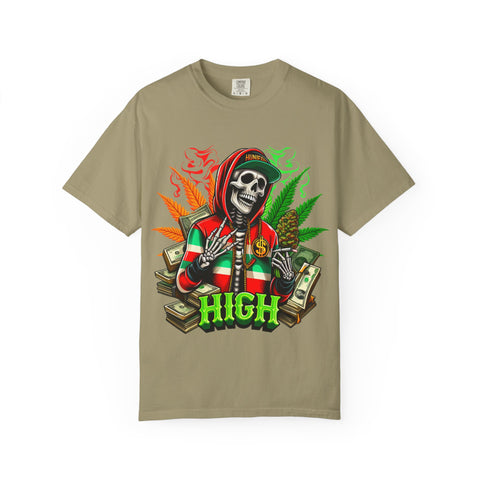 High Vibes Unisex Garment-Dyed T-Shirt - Skeleton & Cannabis Design