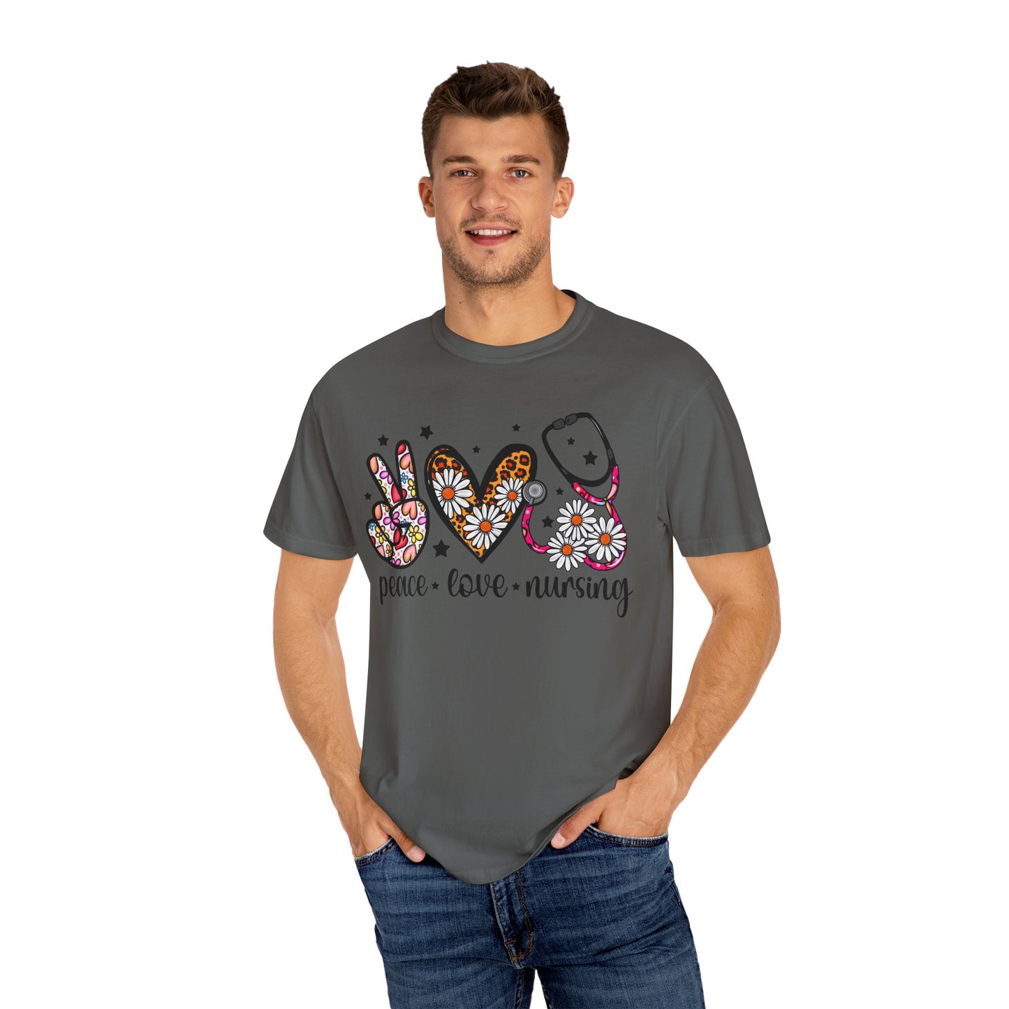 Peace Love Nursing T-Shirt - Unisex Garment-Dyed Tee for Nurses