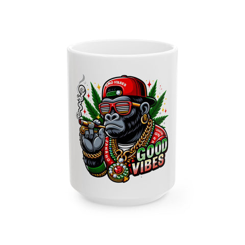 Good Vibes Gorilla Ceramic Mug - 11oz & 15oz, Perfect for Coffee Lovers and Cannabis Enthusiasts