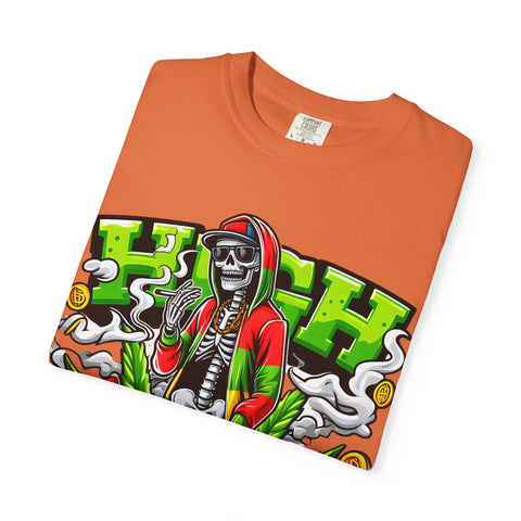 High Vibe Unisex Garment-Dyed T-Shirt - Skull & Cannabis Design
