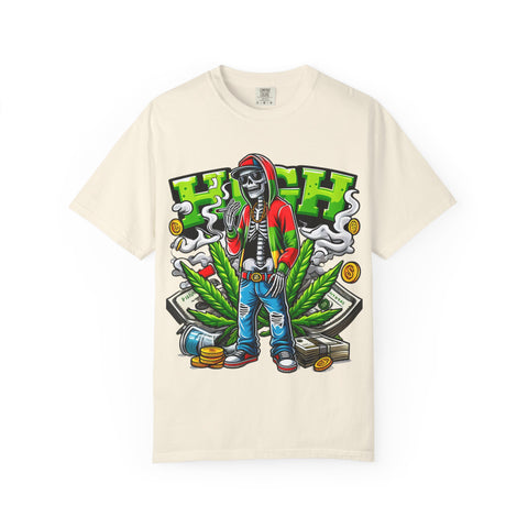 High Vibe Unisex Garment-Dyed T-Shirt - Skull & Cannabis Design