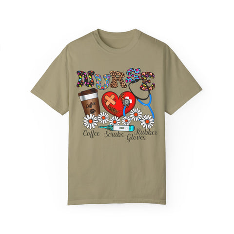 Nurse Love Graphic T-Shirt - Coffee Scrubs & Rubber Gloves