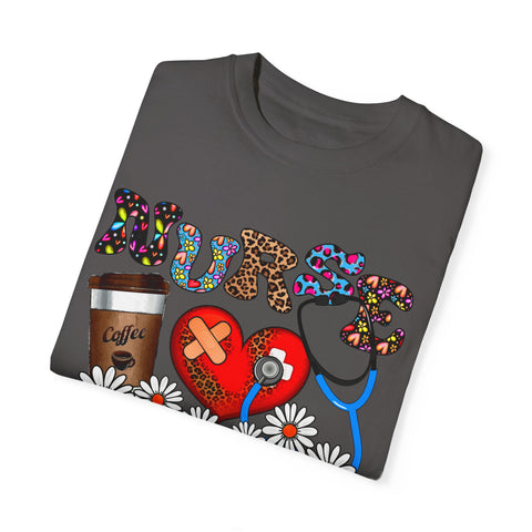 Nurse Love Graphic T-Shirt - Coffee Scrubs & Rubber Gloves