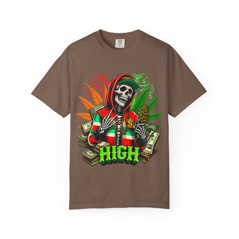 High Vibes Unisex Garment-Dyed T-Shirt - Skeleton & Cannabis Design