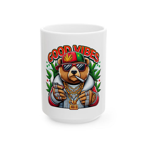 Good Vibes Bear Ceramic Mug - Fun 11oz/15oz Coffee/Tea Cup for Chill Days