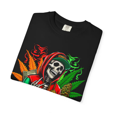 High Vibes Unisex Garment-Dyed T-Shirt - Skeleton & Cannabis Design