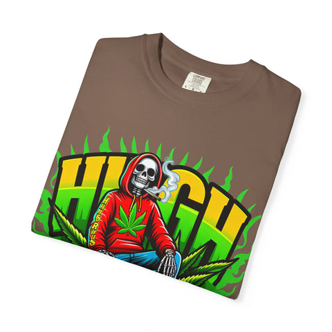 High Vibes Unisex Garment-Dyed T-Shirt - Retro Skeleton & Cannabis Graphic Tee