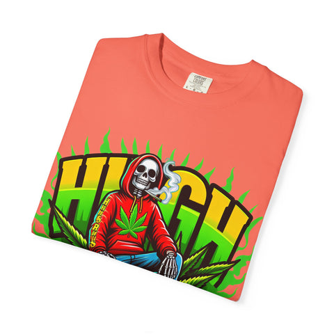 High Vibes Unisex Garment-Dyed T-Shirt - Retro Skeleton & Cannabis Graphic Tee