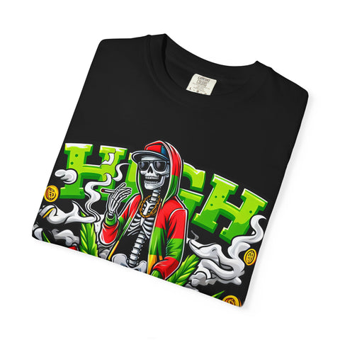 High Vibe Unisex Garment-Dyed T-Shirt - Skull & Cannabis Design