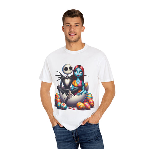 Cute Couples Halloween T-Shirt - Unisex Garment-Dyed Tee with Skeleton & Monster Designs