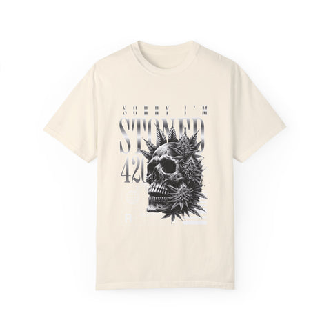 Unisex Skull and Leaves Graphic T-shirt - 'Sorry I'm Stoned 420'