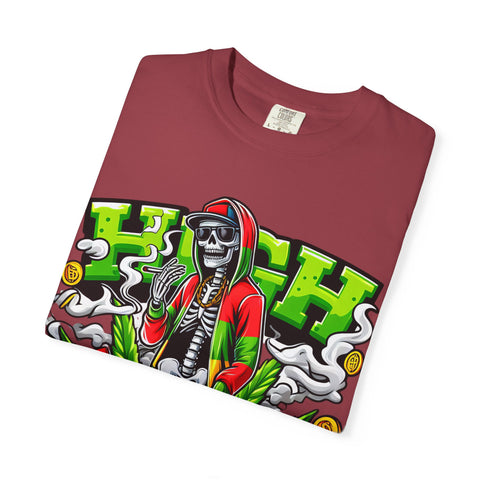 High Vibe Unisex Garment-Dyed T-Shirt - Skull & Cannabis Design