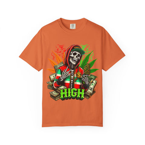 High Vibes Unisex Garment-Dyed T-Shirt - Skeleton & Cannabis Design