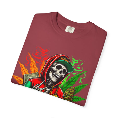High Vibes Unisex Garment-Dyed T-Shirt - Skeleton & Cannabis Design