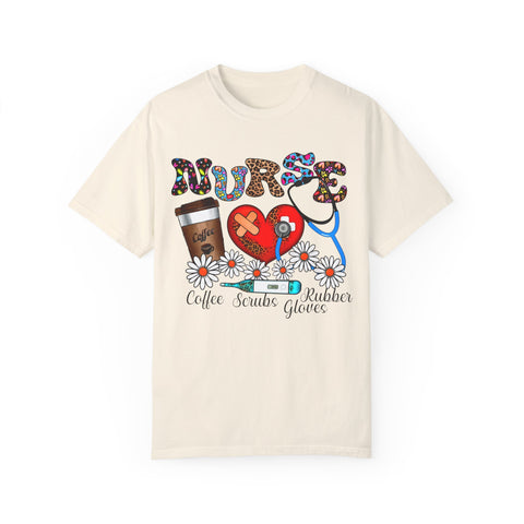 Nurse Love Graphic T-Shirt - Coffee Scrubs & Rubber Gloves