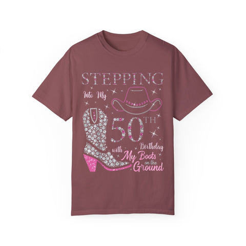 50th Birthday T-Shirt - Stepping Into My 50th with My Boots on the Ground
